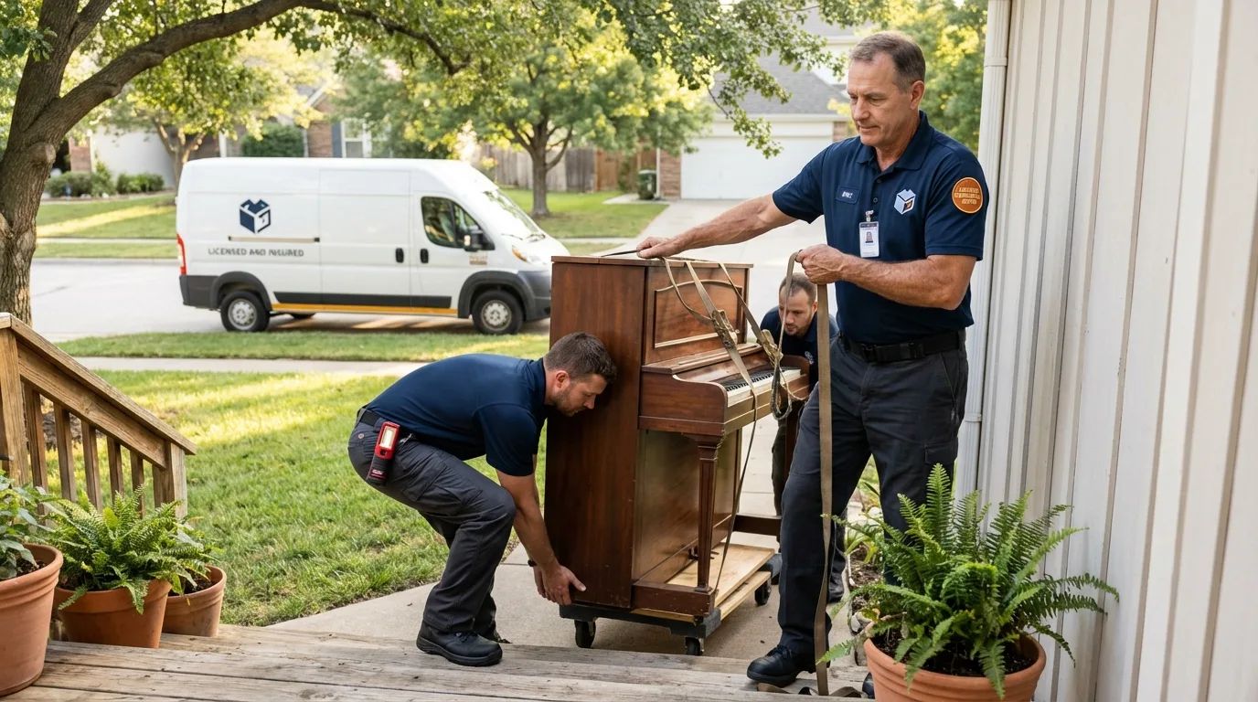 Licensed piano movers securing grand piano in Norlina, NC