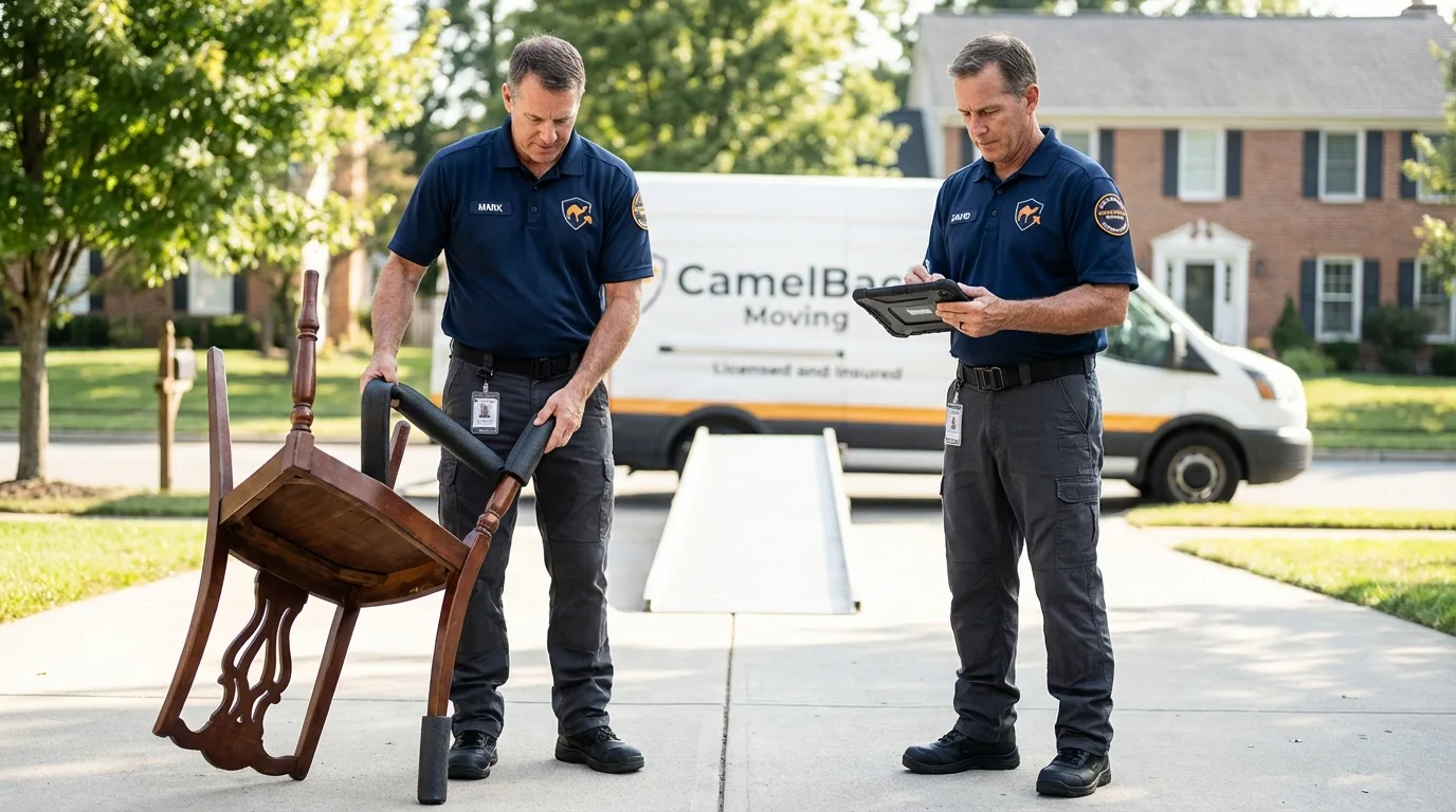 Movers inspecting furniture for damage prevention before loading in Norlina, NC